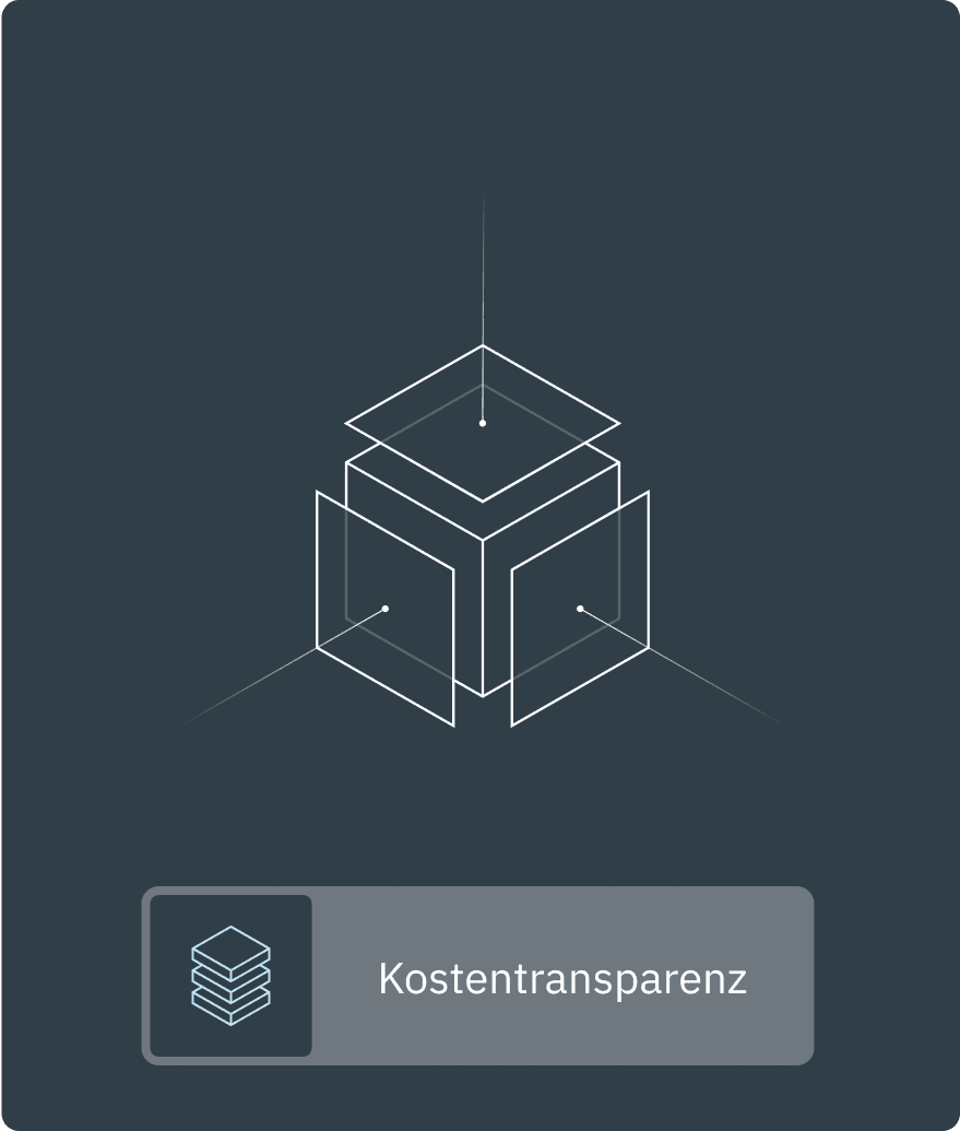 Illustration eines aufgefächerten Würfels mit der Beschriftung „Kostentransparenz“.